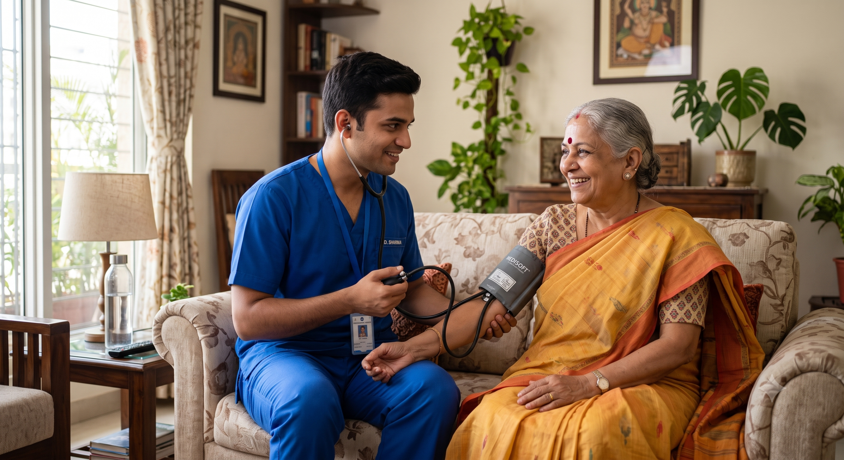 Indian nurse helping a patient with a wheelchair